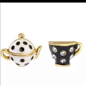 - Handmade Black White Gold Enamel Teacup Teapot Stud Earrings New